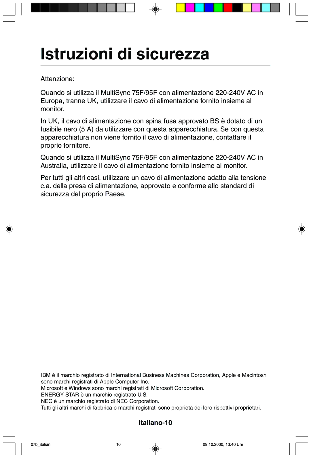 NEC 95F user manual Istruzioni di sicurezza, Italiano-10 