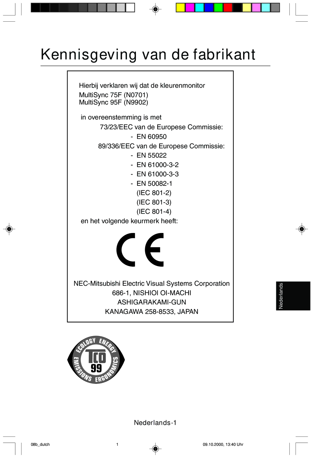 NEC 95F user manual Kennisgeving van de fabrikant, Nederlands-1 