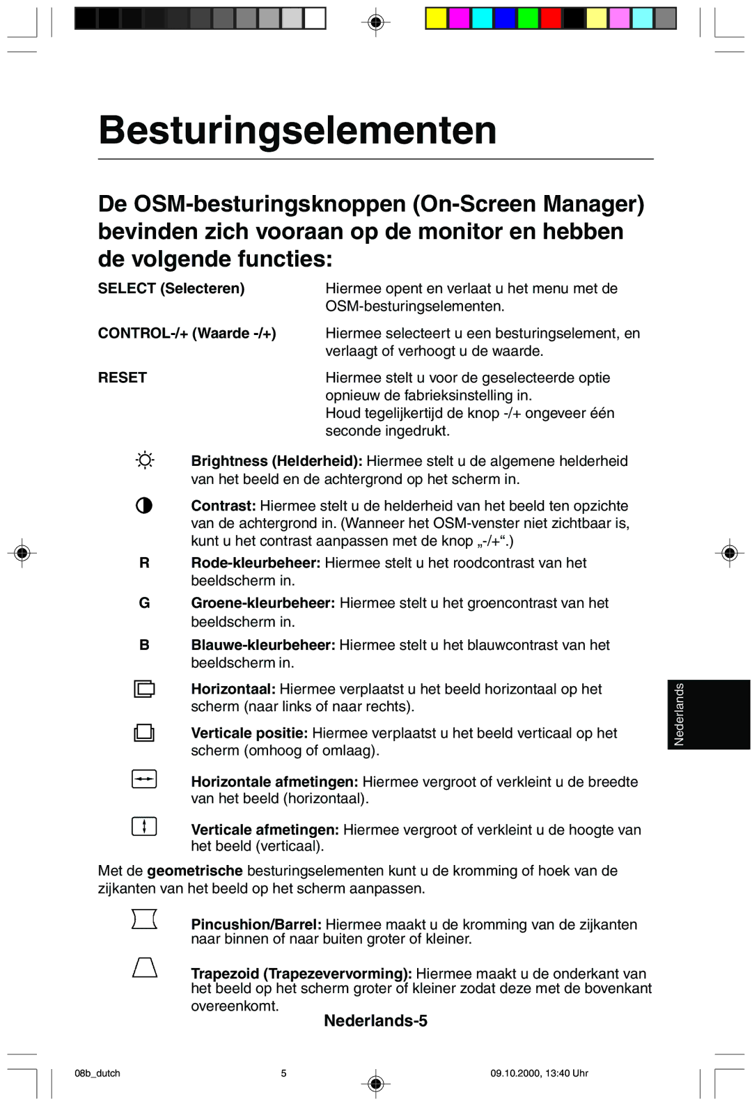 NEC 95F user manual Besturingselementen, Nederlands-5 