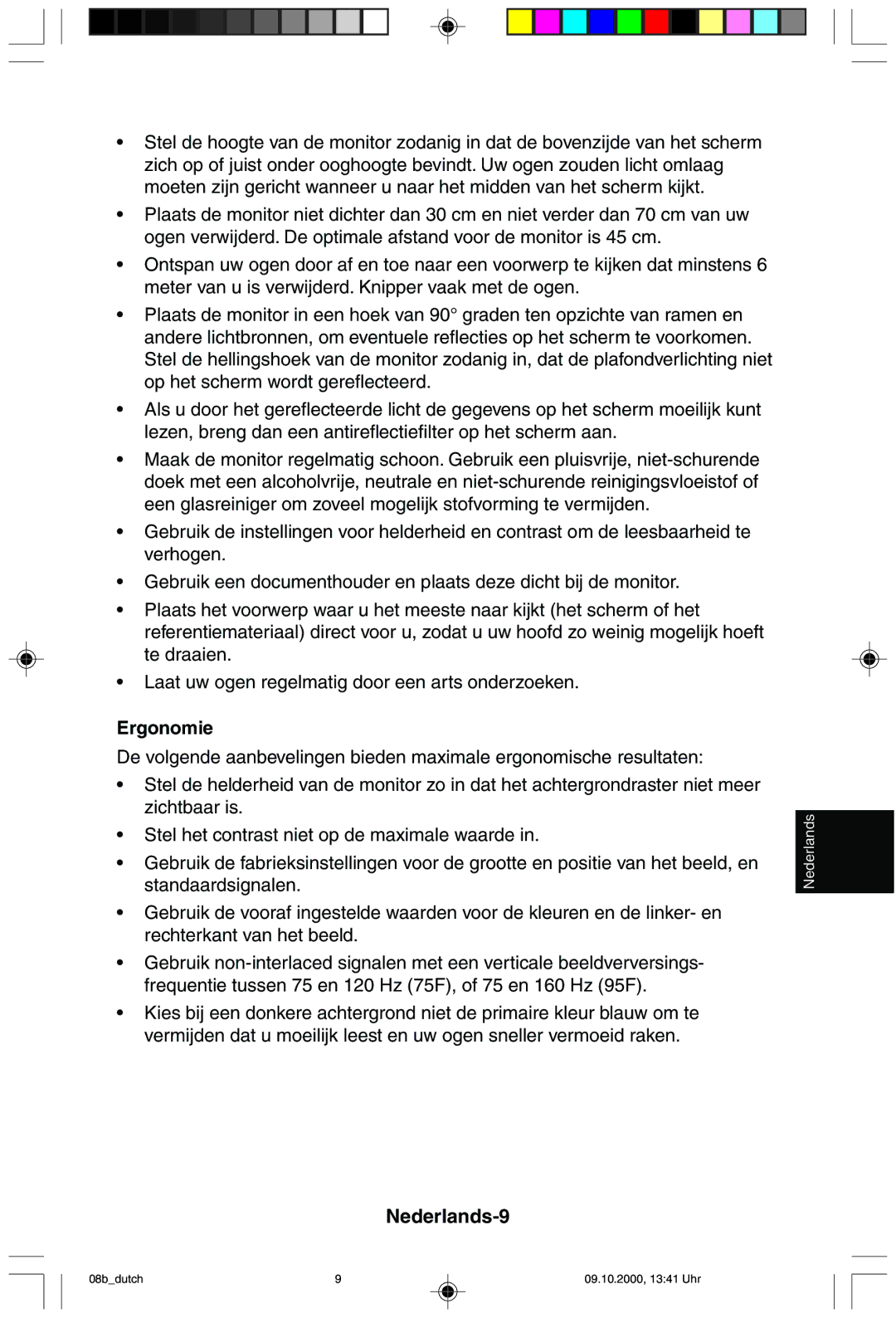 NEC 95F user manual Ergonomie, Nederlands-9 