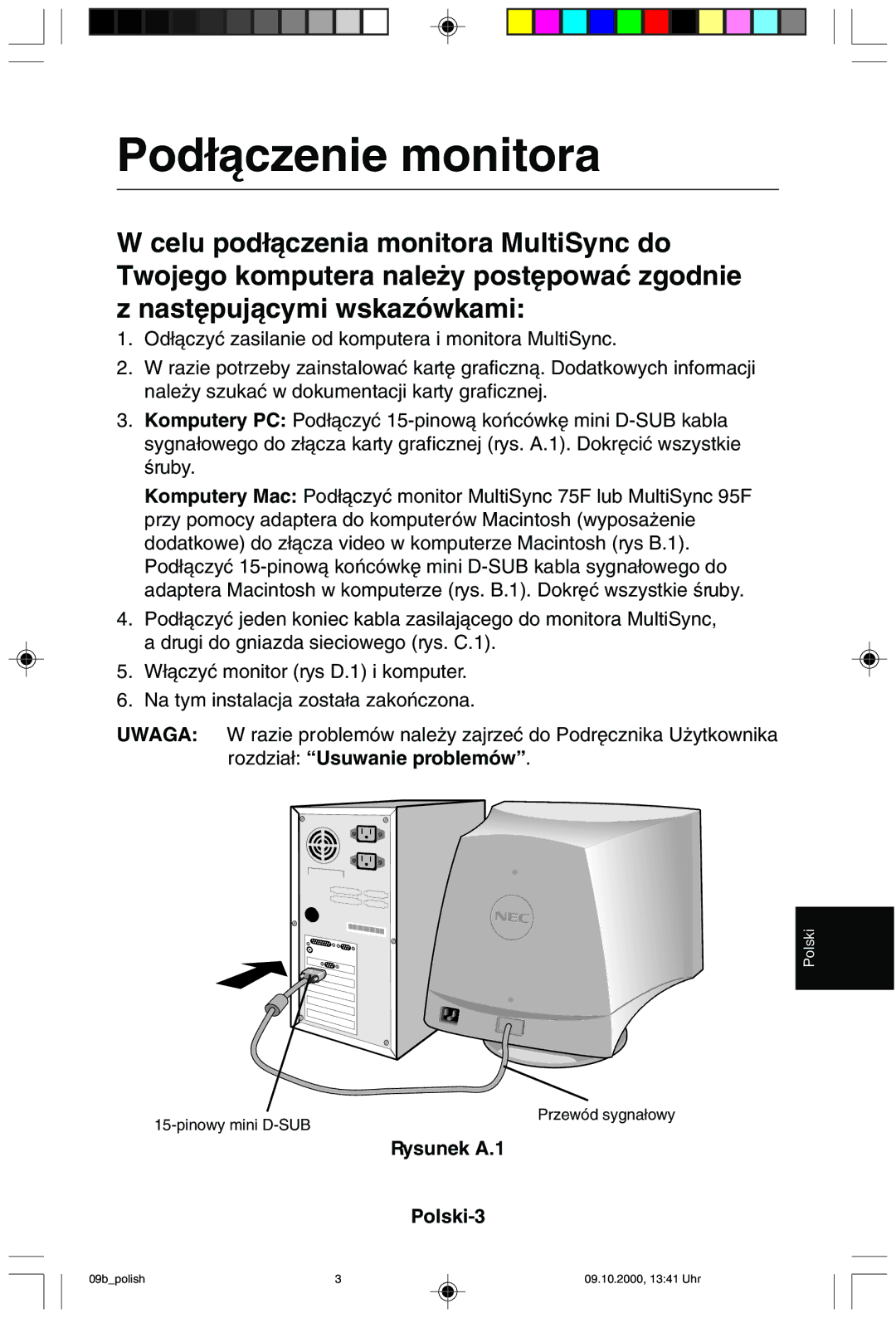 NEC 95F user manual Pod∏àczenie monitora, Rysunek A.1 Polski-3 