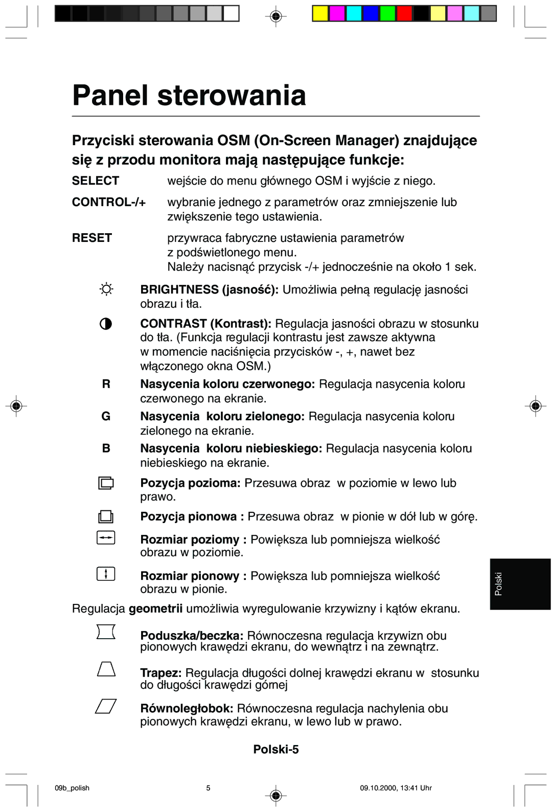 NEC 95F user manual Panel sterowania, Polski-5 