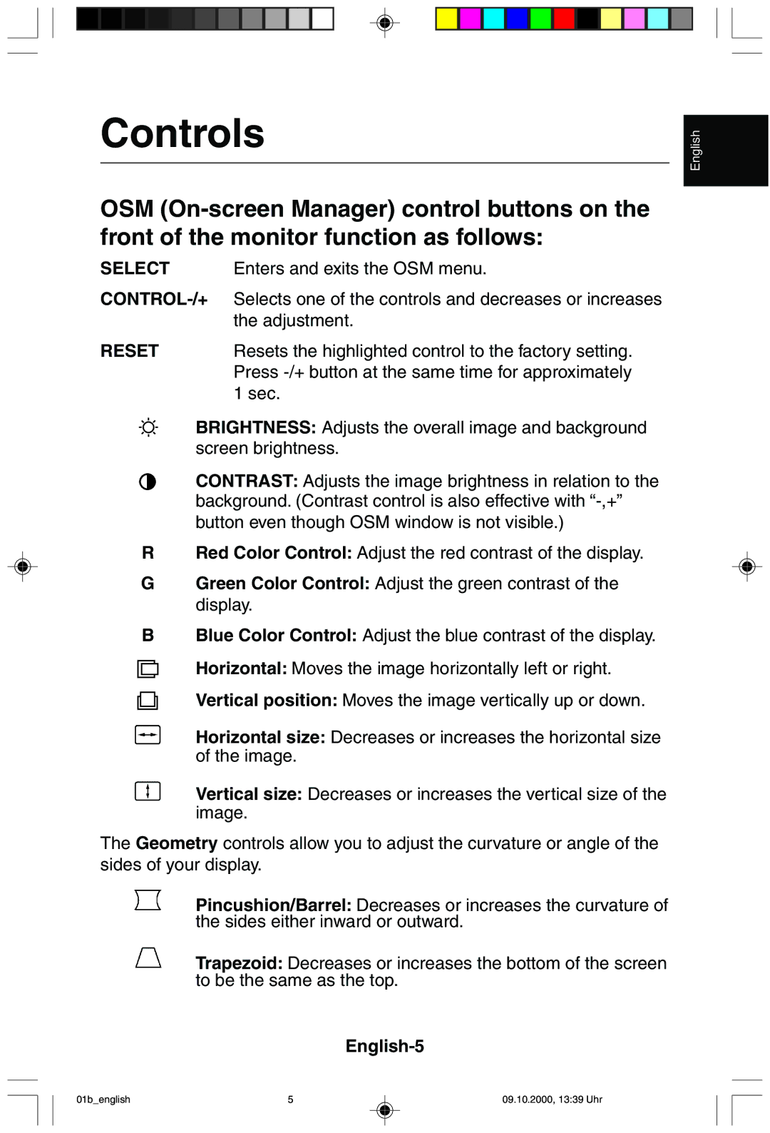 NEC 95F user manual Controls, Reset 