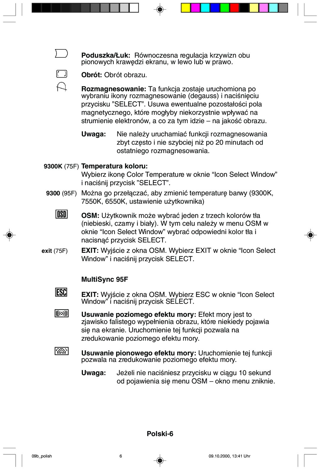 NEC 95F user manual 9300K 75F Temperatura koloru, Polski-6 