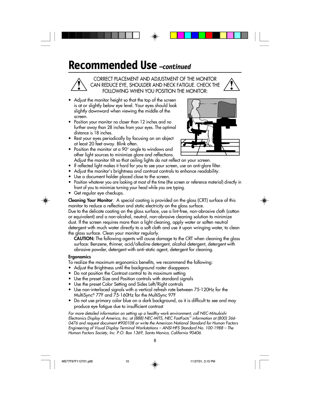 NEC 97F, 77F manual Recommended Use -continued, Correct Placement And Adjustment Of The Monitor 