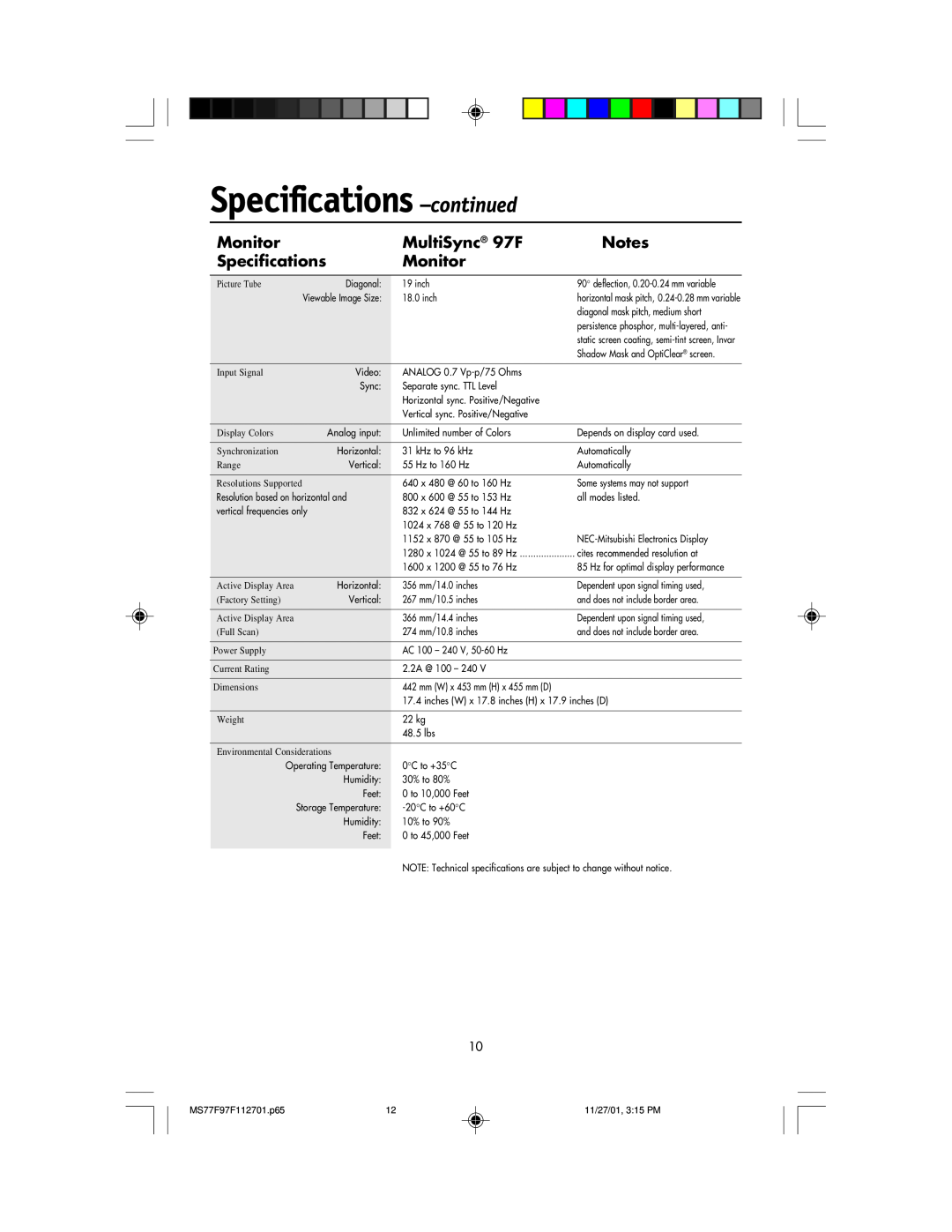 NEC 77F manual Specifications -continued, MultiSync 97F, Monitor 