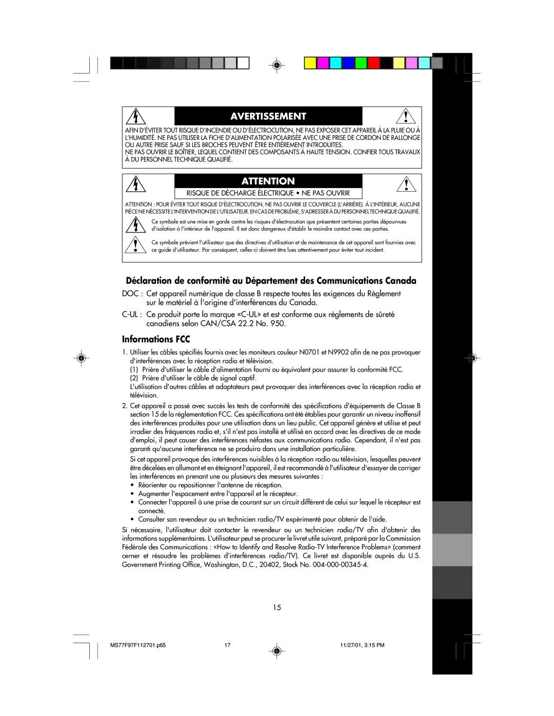 NEC 77F, 97F manual Déclaration de conformité au Département des Communications Canada, Informations FCC, Avertissement 