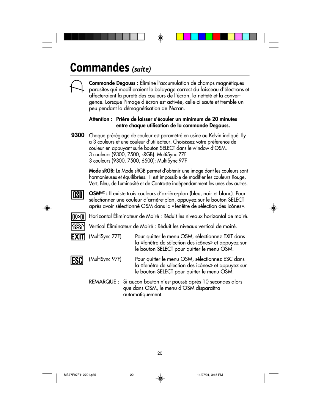 NEC 97F, 77F manual Commandes suite, Exit 