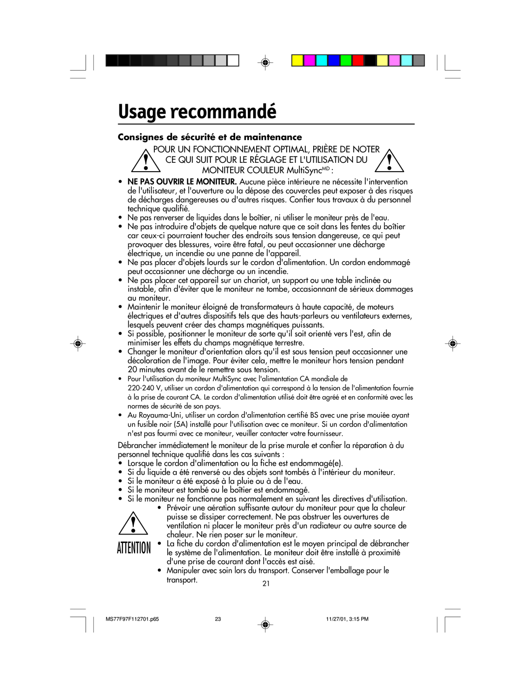 NEC 77F, 97F manual Usage recommandé, Consignes de sécurité et de maintenance 