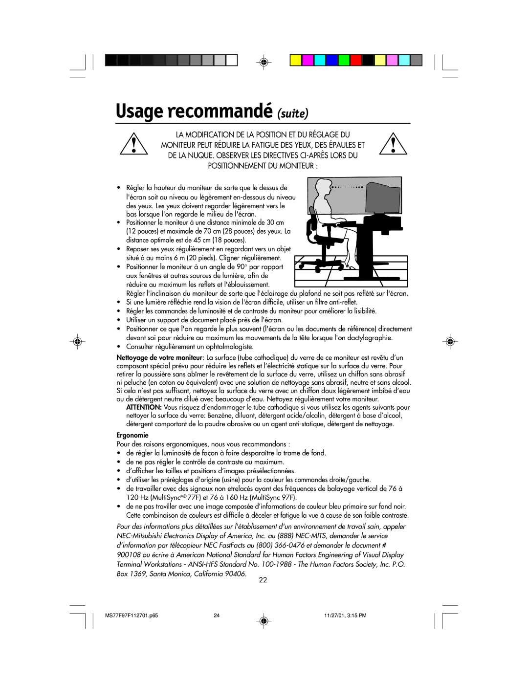 NEC 97F, 77F manual Usage recommandé suite, La Modification De La Position Et Du Réglage Du, Positionnement Du Moniteur 