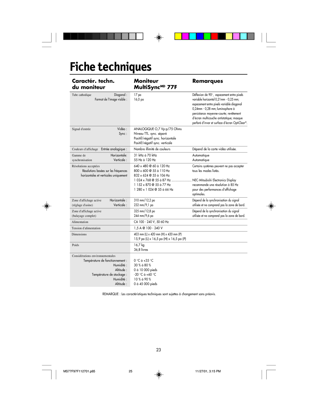 NEC 97F manual Fiche techniques, Caractér. techn, Moniteur, Remarques, du moniteur, MultiSyncMD 77F 