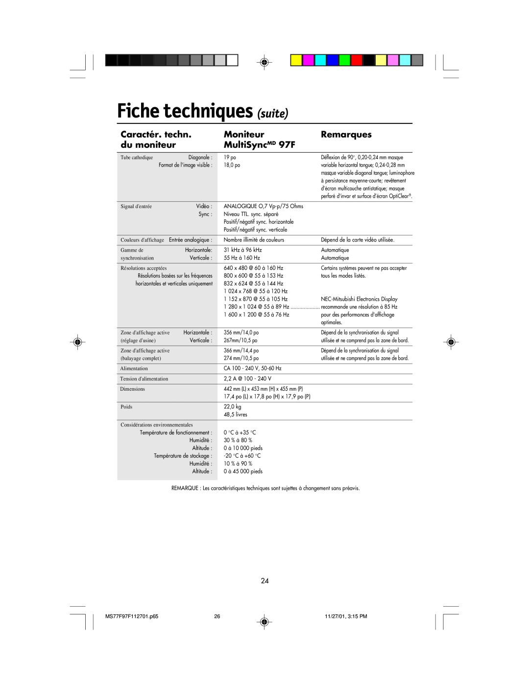 NEC 77F manual Fiche techniques suite, MultiSyncMD 97F, Caractér. techn, Moniteur, Remarques, du moniteur 