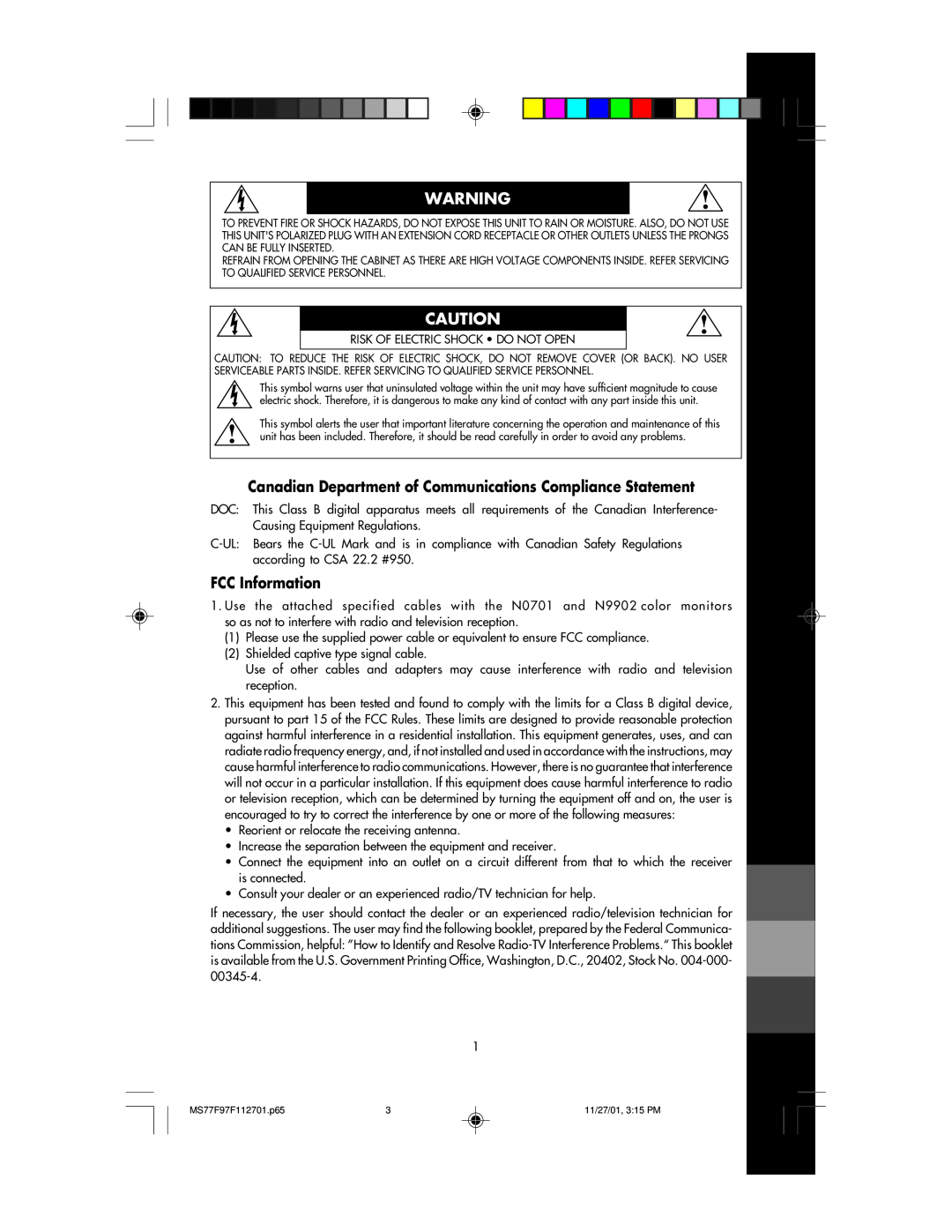 NEC 77F, 97F manual Canadian Department of Communications Compliance Statement, FCC Information 