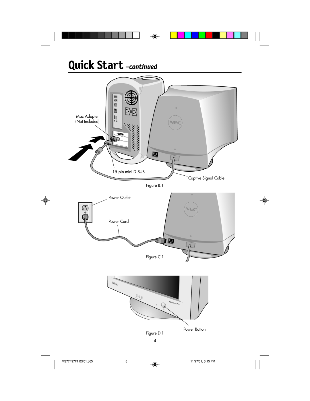 NEC manual Quick Start -continued, Mac Adapter Not Included 15-pin mini D-SUB Captive Signal Cable, MS77F97F112701.p65 