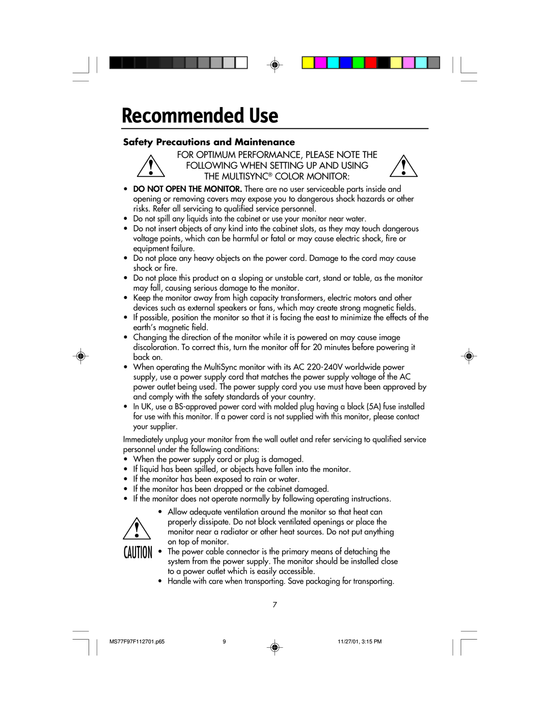NEC 77F, 97F manual Recommended Use, Safety Precautions and Maintenance 