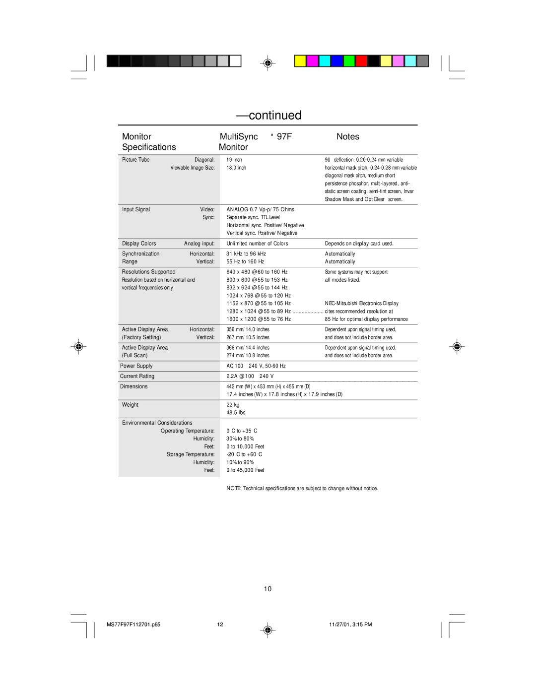 NEC 77F manual Monitor MultiSync 97F Specifications 