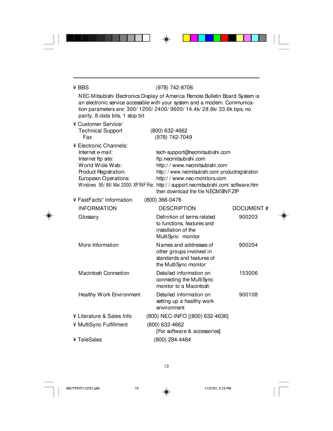 NEC 77F, 97F manual References, 978, FastFacts Information 800, Literature & Sales Info NEC-INFO 800 MultiSync Fulfillment 