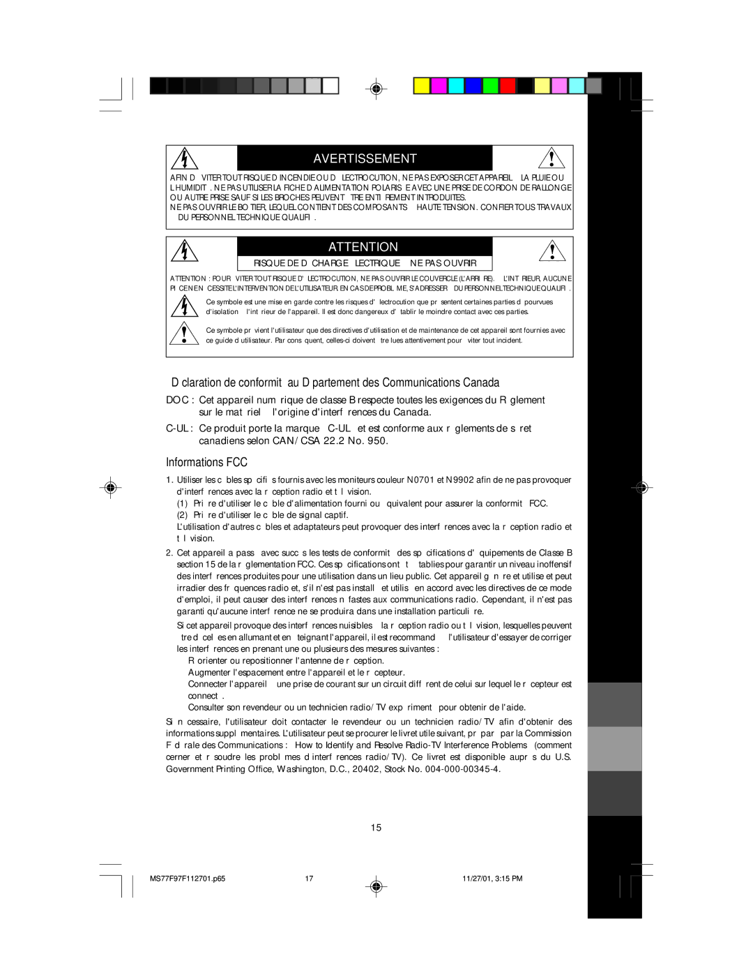 NEC 77F, 97F manual Avertissement, Informations FCC 