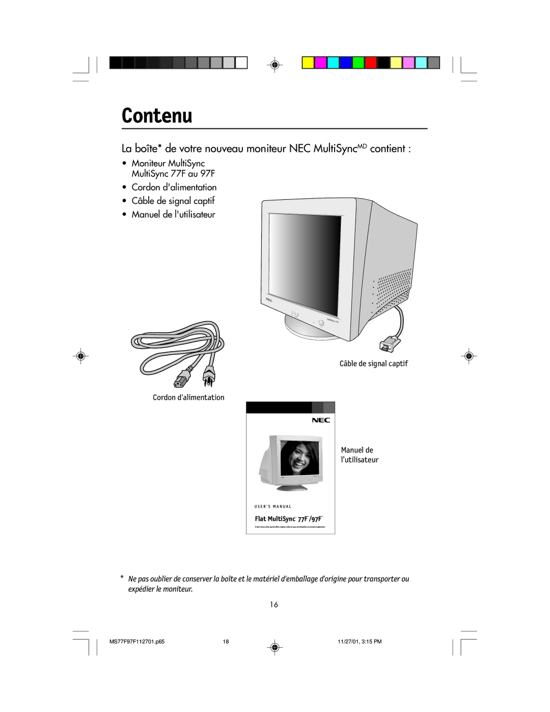 NEC 97F, 77F manual Contenu 