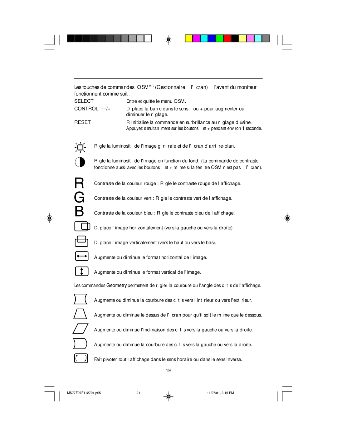 NEC 77F, 97F manual Commandes, Reset 