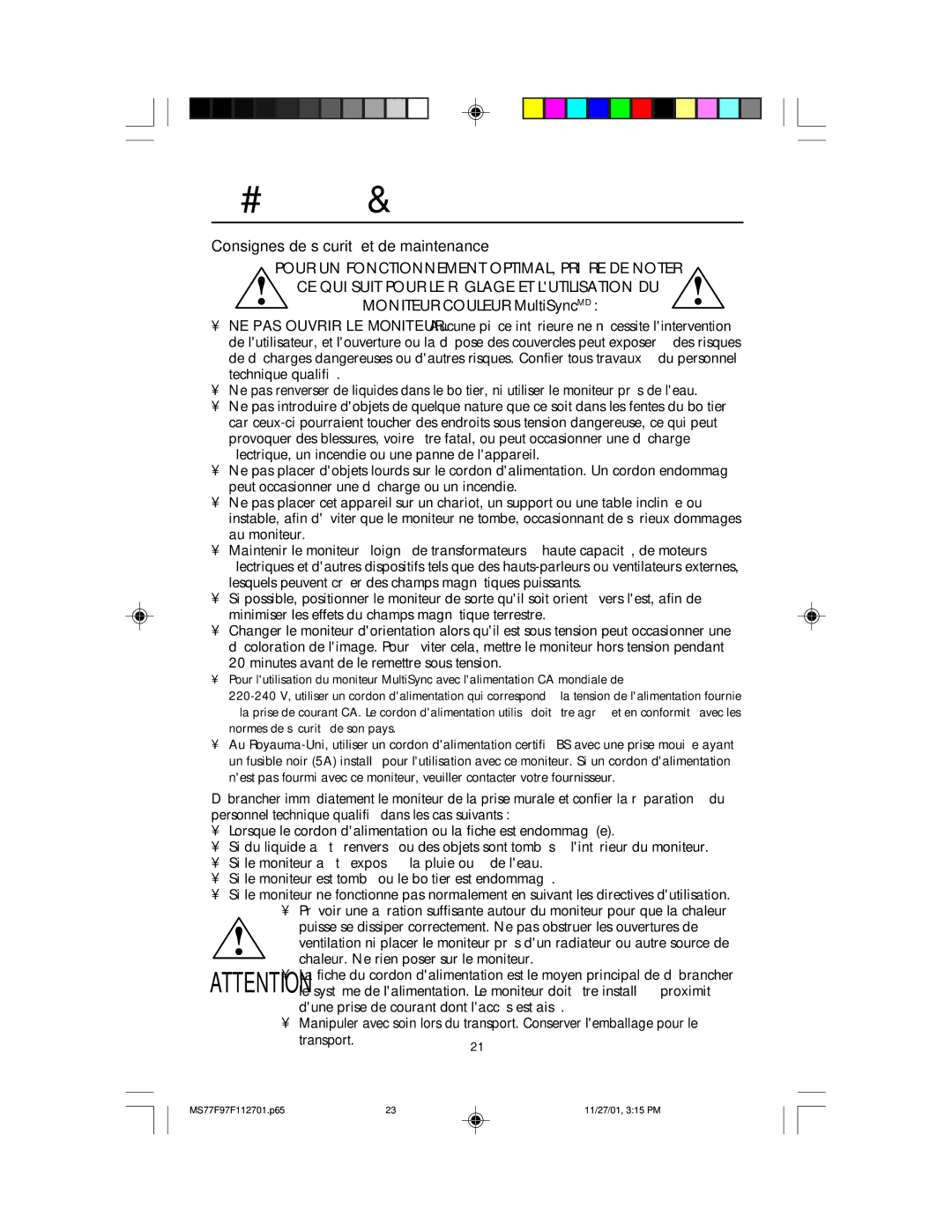 NEC 77F, 97F manual Usage recommandé, Consignes de sécurité et de maintenance 