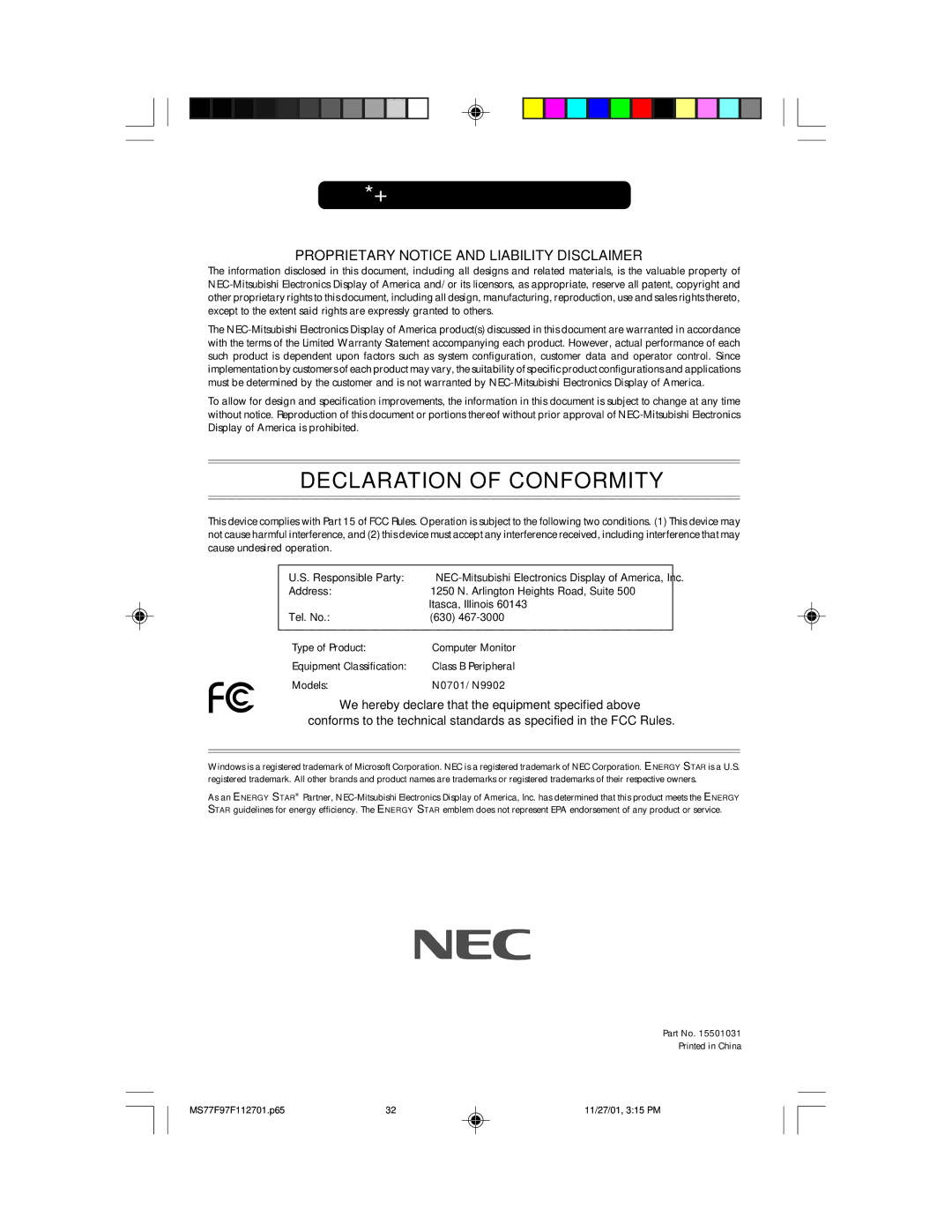 NEC 97F, 77F manual NEC MultiSync Series 