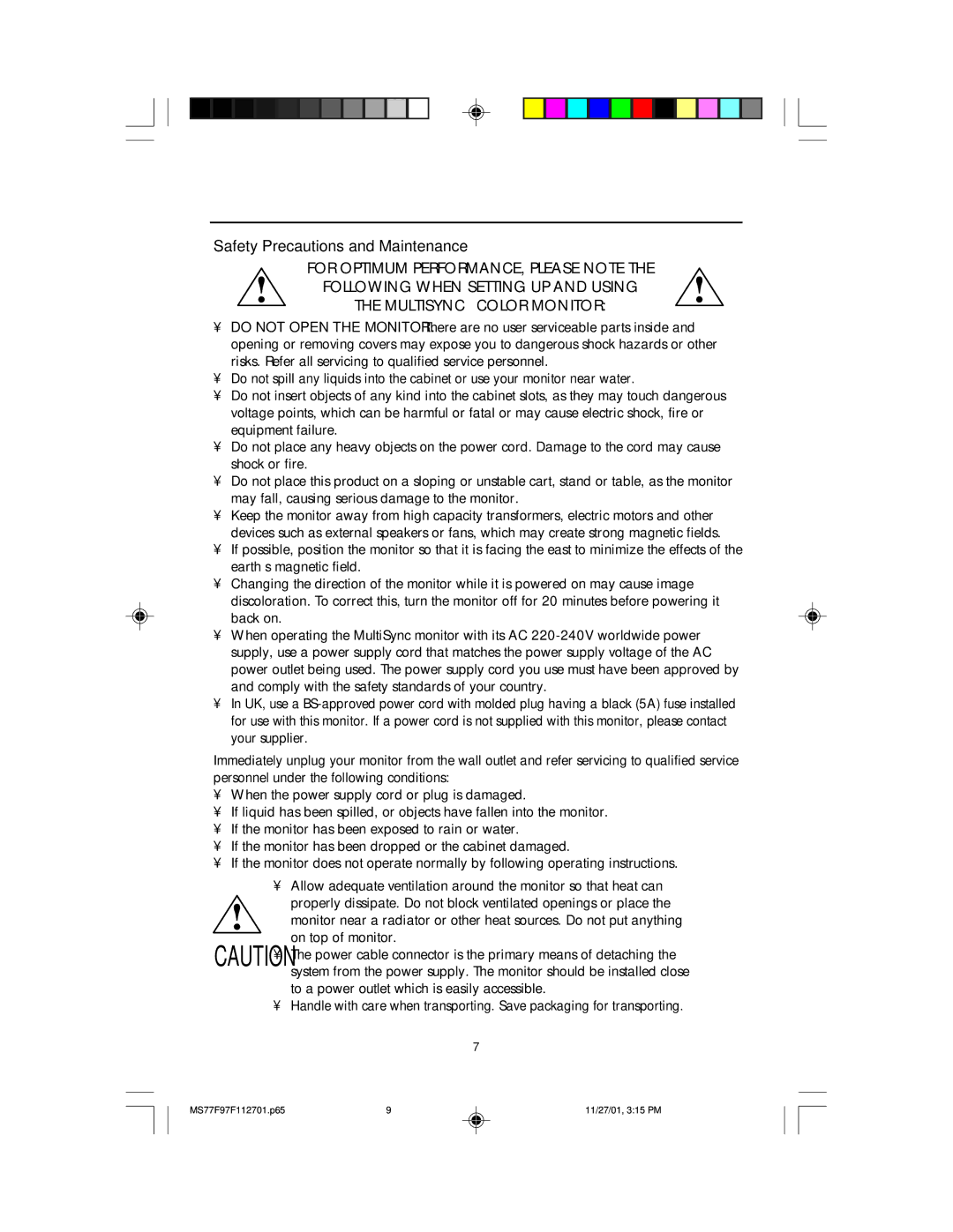 NEC 77F, 97F manual Recommended Use, Safety Precautions and Maintenance 