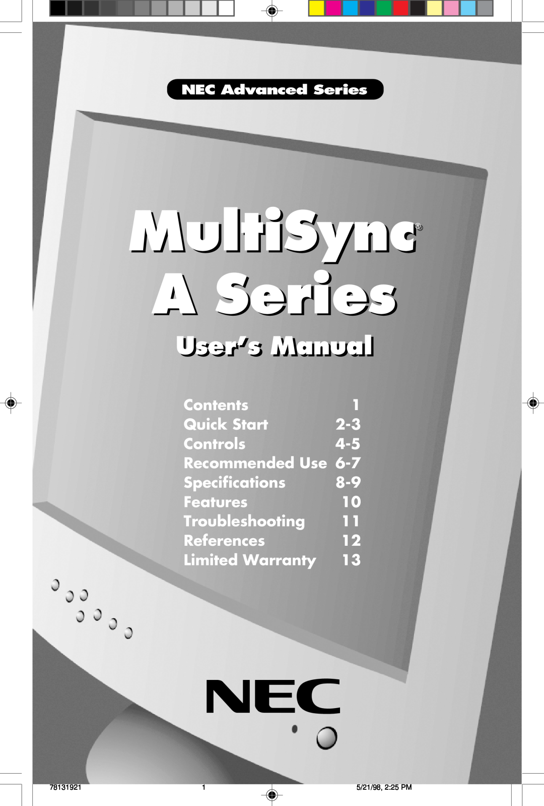 NEC A Series user manual MultiSync, User’s Manuall 