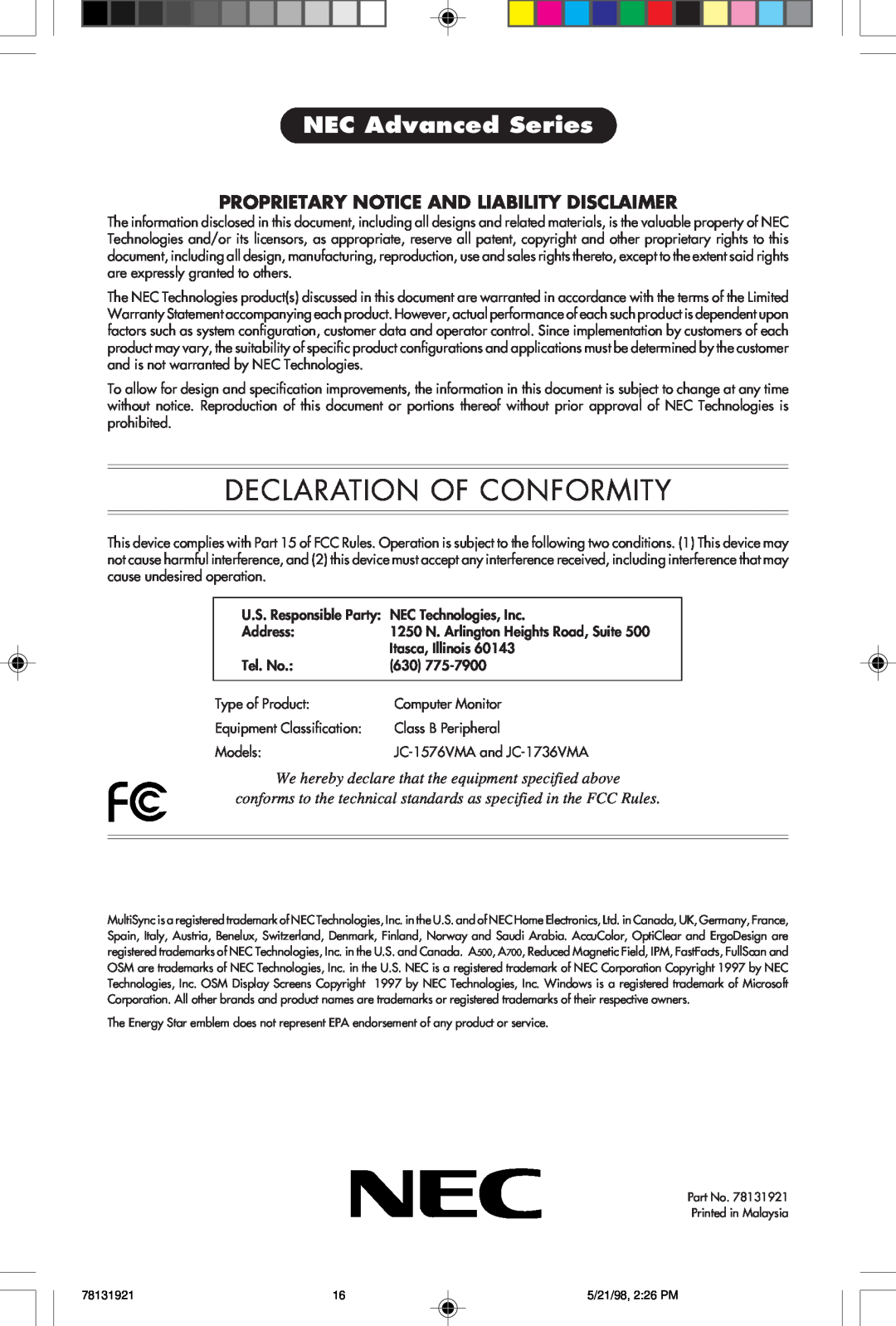 NEC A Series user manual Declaration Of Conformity, NEC Advanced Series, Proprietary Notice And Liability Disclaimer 