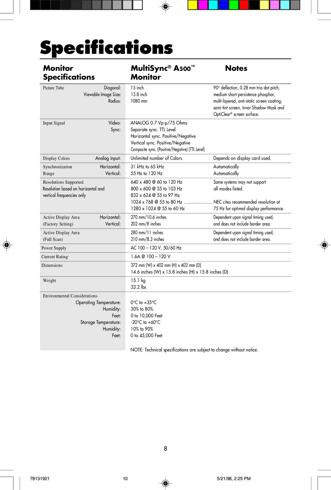 NEC A Series user manual Monitor MultiSync A500 Specifications 