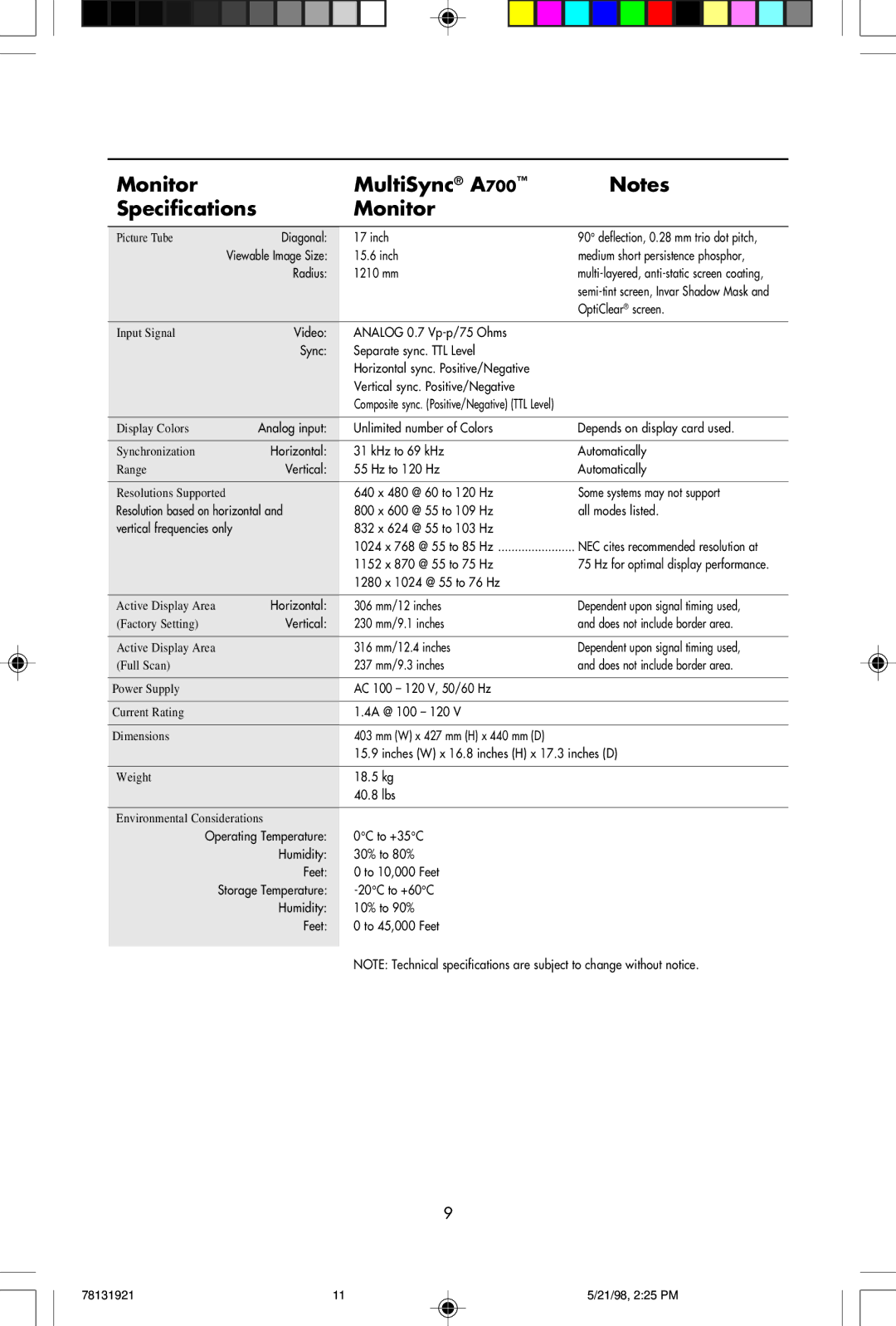 NEC A Series user manual Monitor MultiSync A700 Specifications 