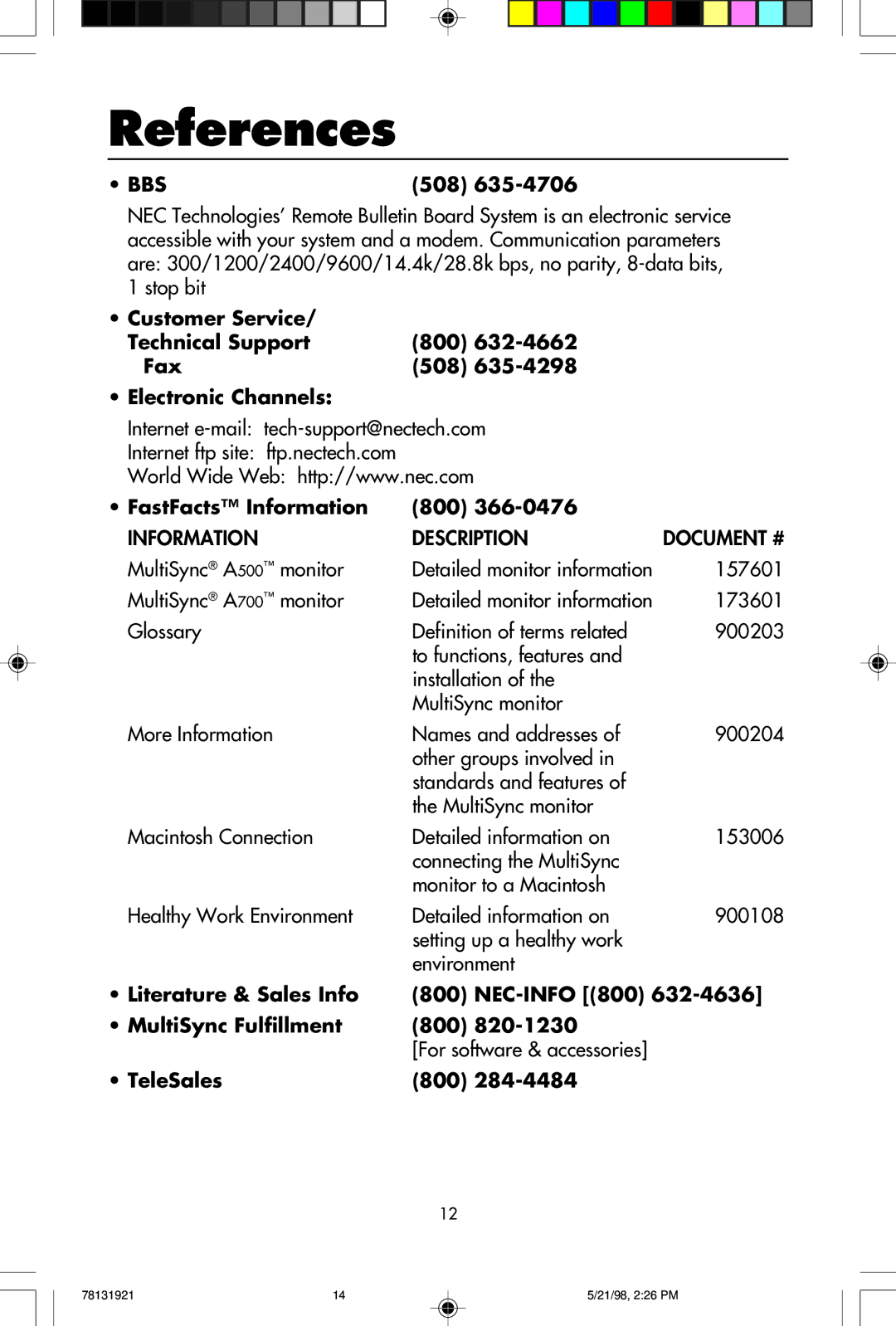 NEC A Series user manual References, 508, FastFacts Information 