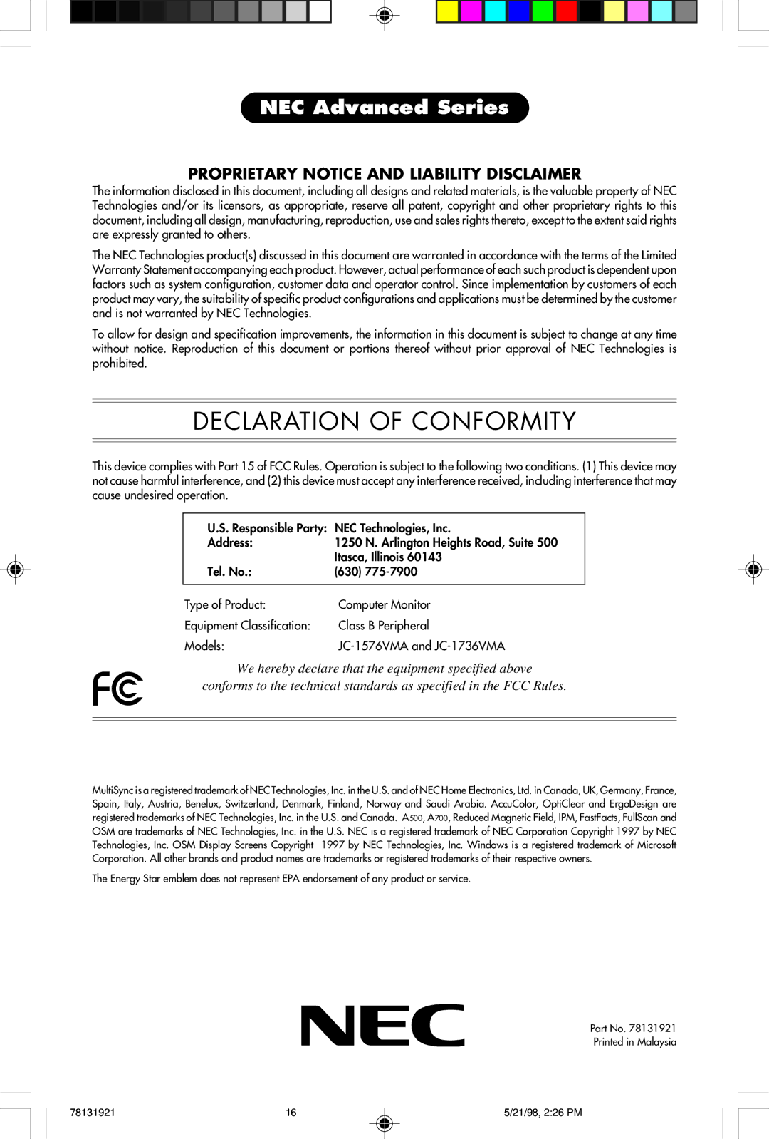 NEC A Series user manual Declaration of Conformity 