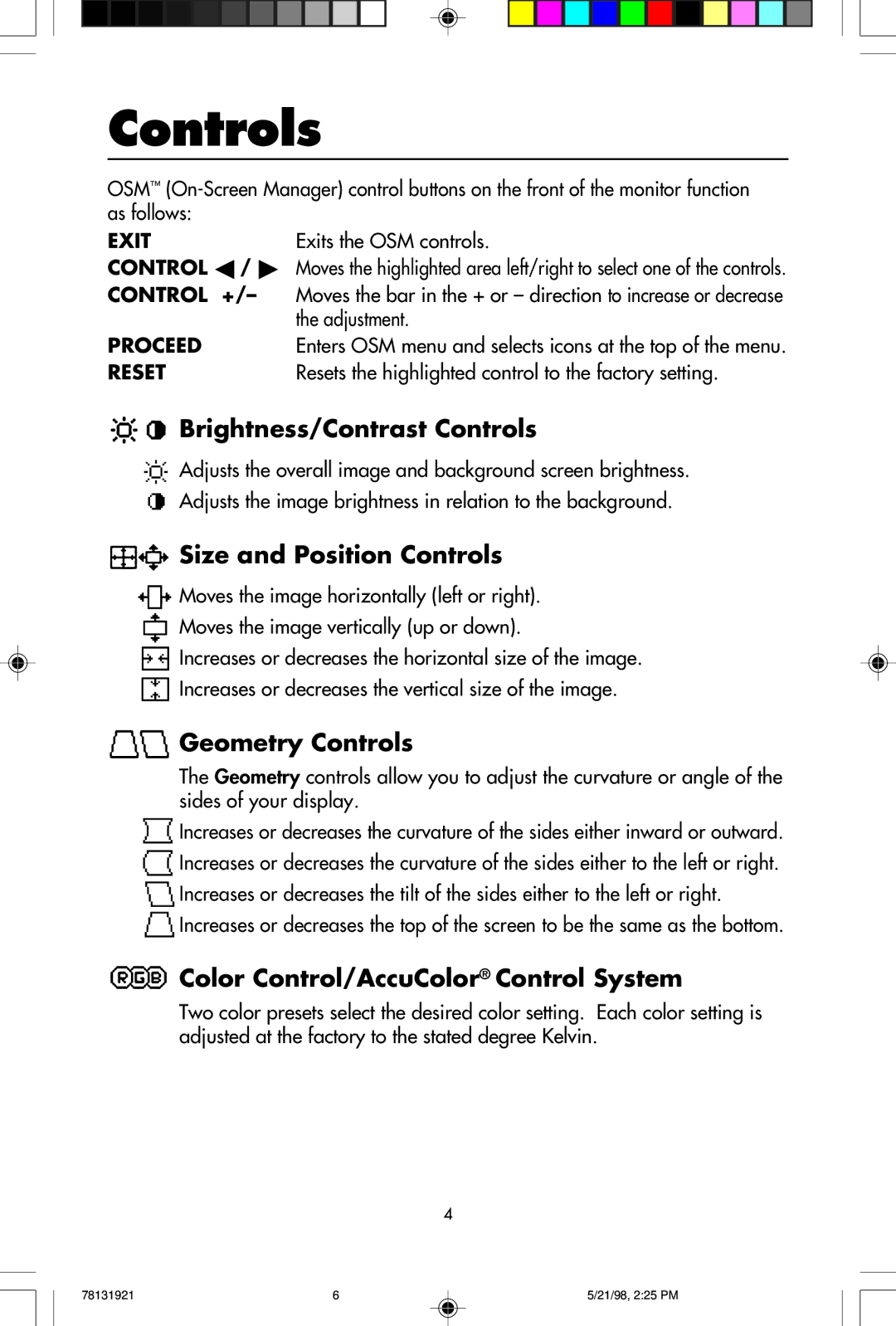 NEC A Series user manual Controls, Adjustment, Resets the highlighted control to the factory setting 