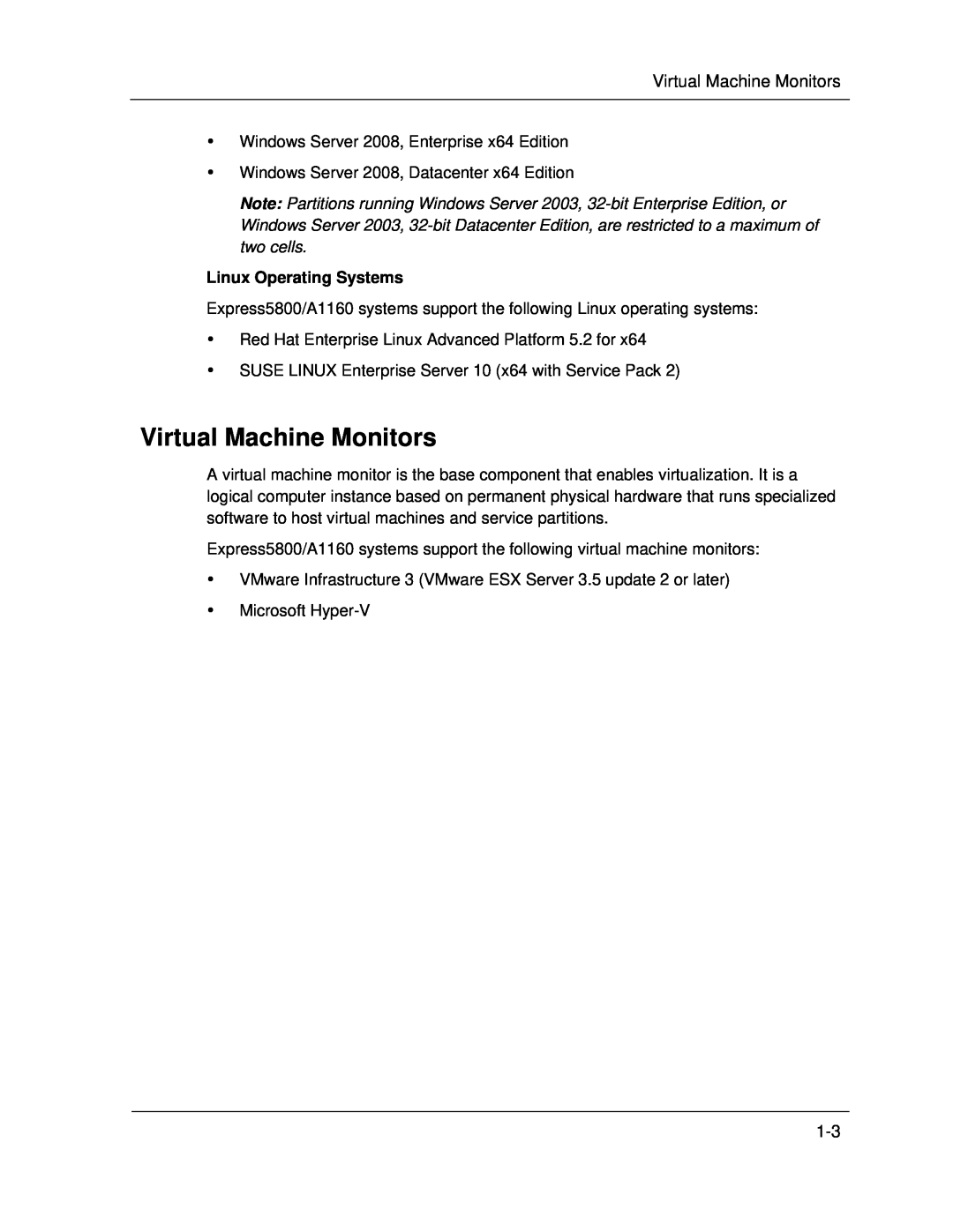 NEC A1160 manual Virtual Machine Monitors, Linux Operating Systems 