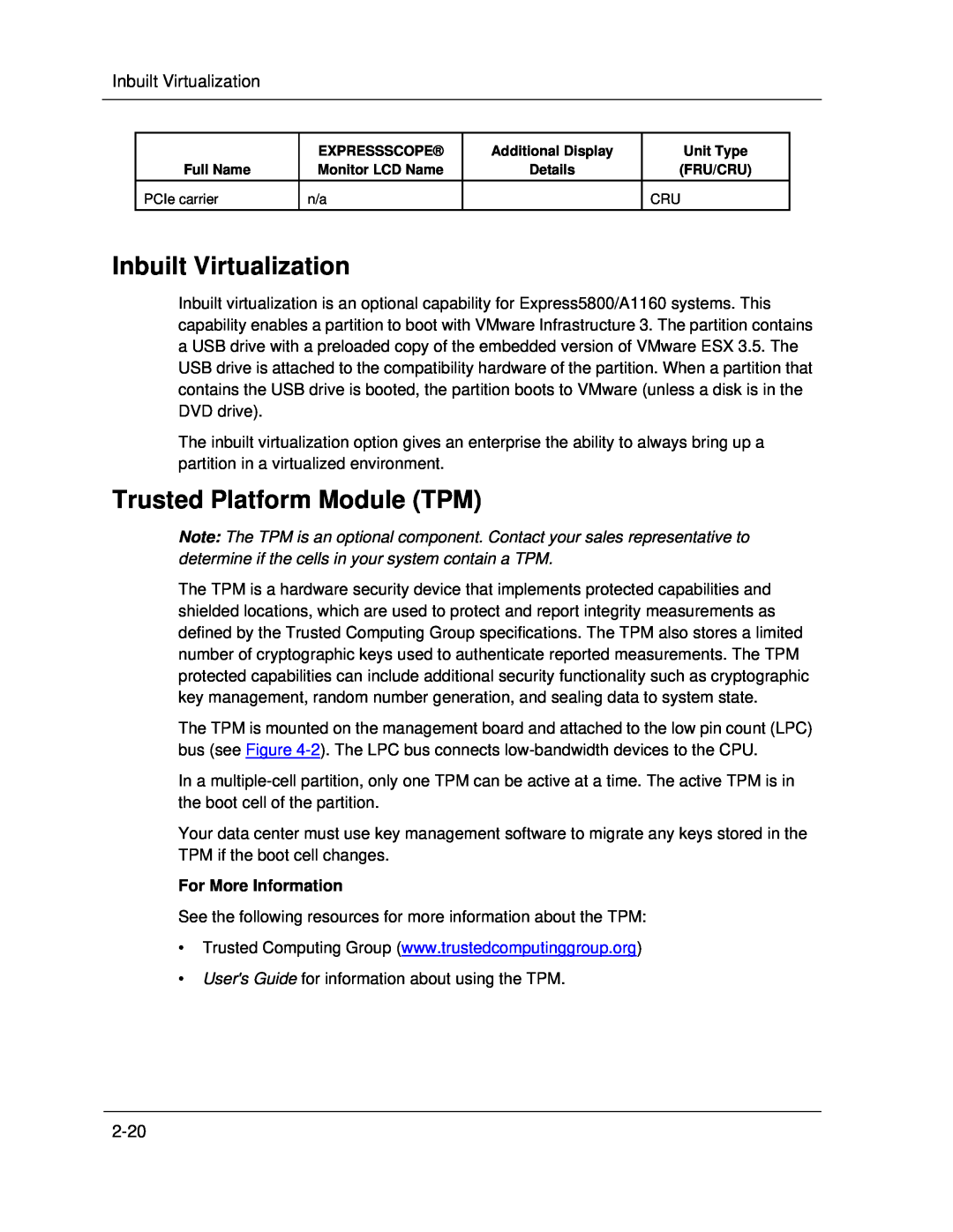 NEC A1160 manual Inbuilt Virtualization, Trusted Platform Module TPM, 2-20, For More Information 