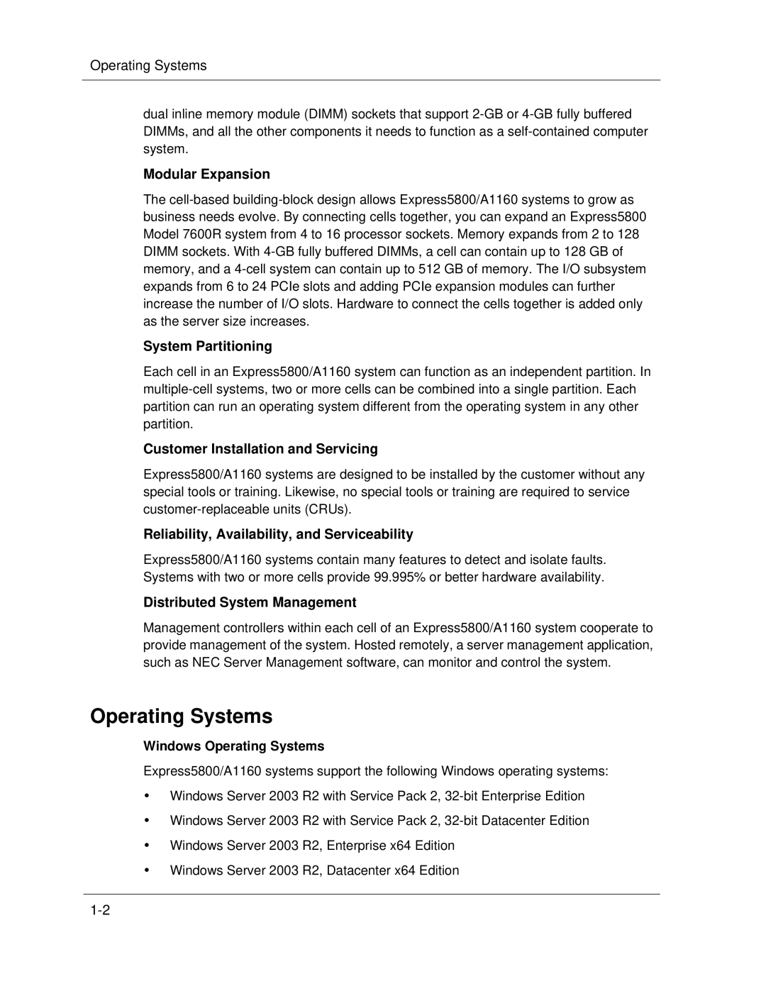 NEC A1160 manual Windows Operating Systems 