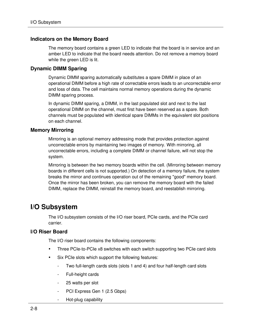 NEC A1160 manual Subsystem, Indicators on the Memory Board, Dynamic Dimm Sparing, Memory Mirroring, Riser Board 