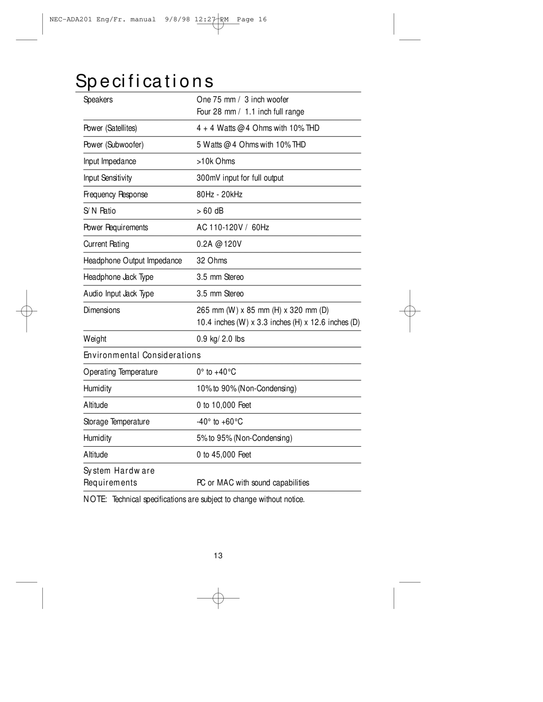 NEC IB-AUDIO, A3842, IntelliBase user manual Specifications, Environmental Considerations, System Hardware Requirements 