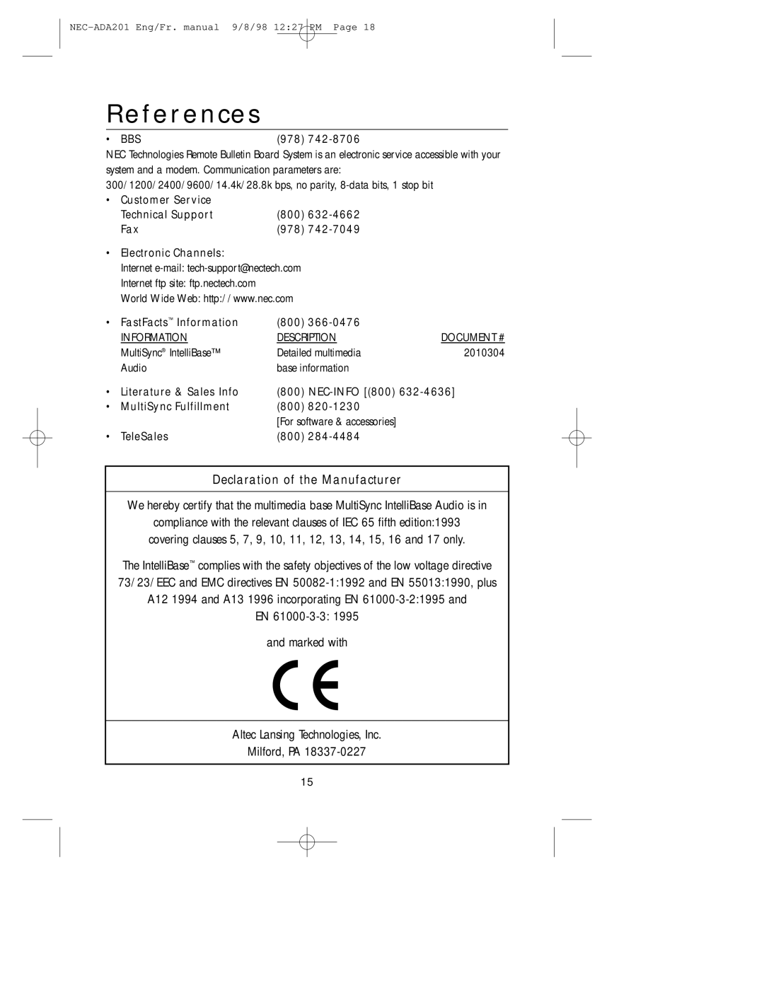 NEC A3842, IB-AUDIO, IntelliBase user manual References, Declaration of the Manufacturer 