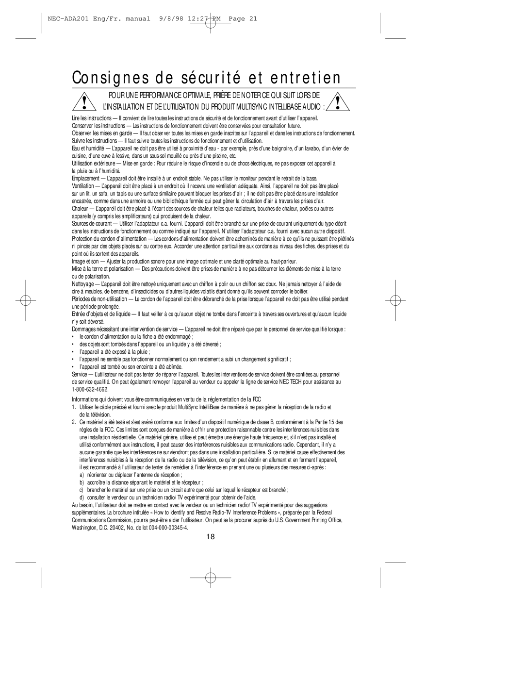 NEC A3842, IB-AUDIO, IntelliBase user manual Consignes de sécurité et entretien 