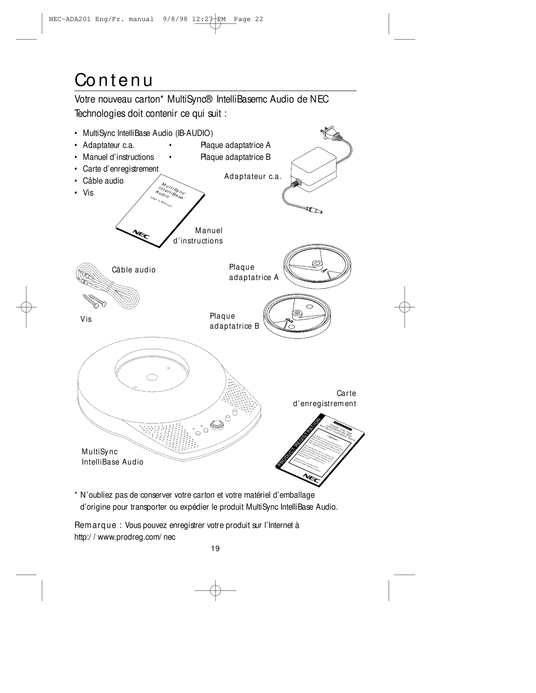 NEC IB-AUDIO, A3842, IntelliBase user manual Contenu, Vis 