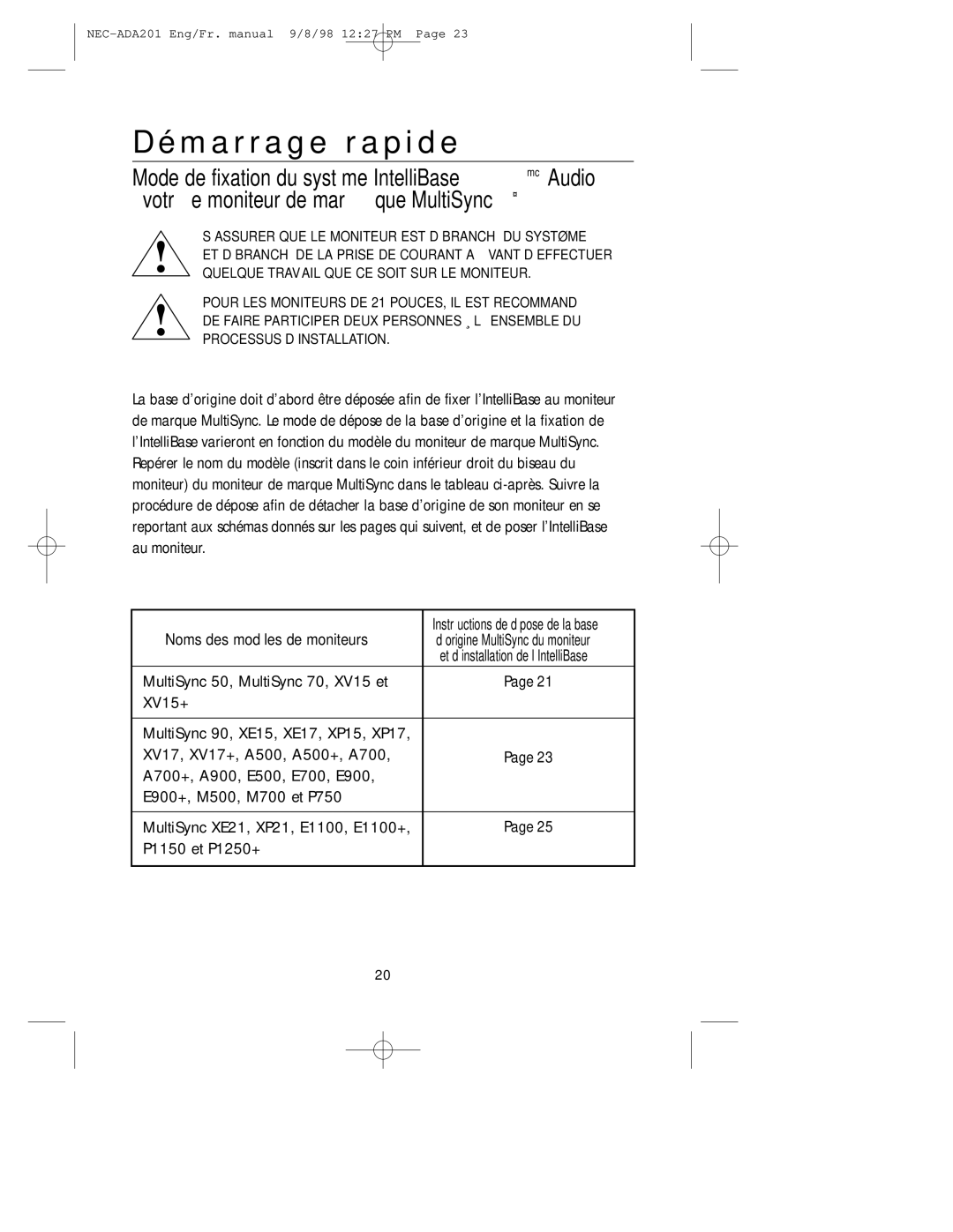 NEC IntelliBase, A3842, IB-AUDIO user manual Démarrage rapide, Noms des modèles de moniteurs 