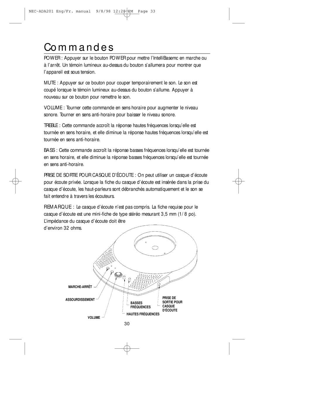 NEC A3842, IB-AUDIO, IntelliBase user manual Commandes 