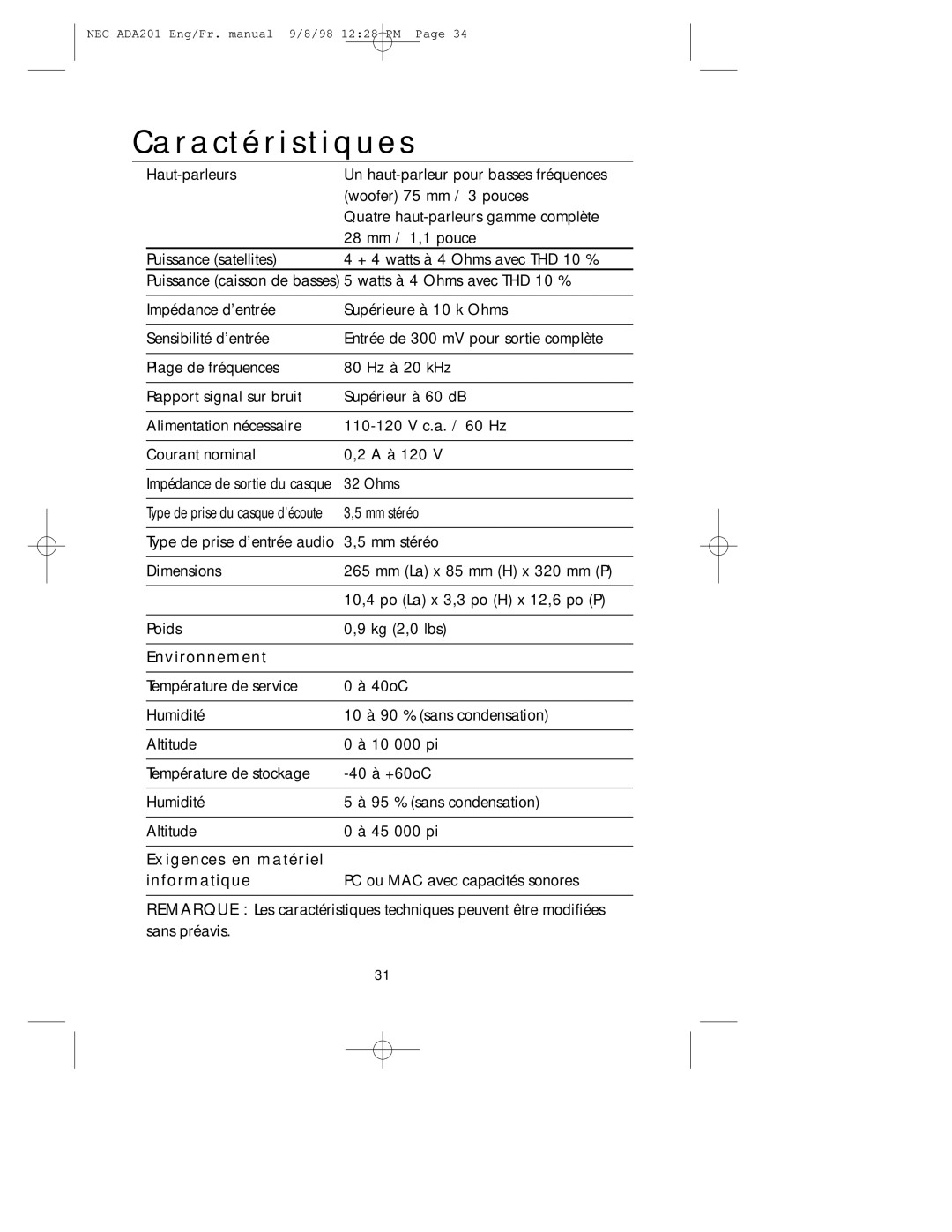 NEC IB-AUDIO, A3842, IntelliBase user manual Caractéristiques, Environnement, Exigences en matériel Informatique 