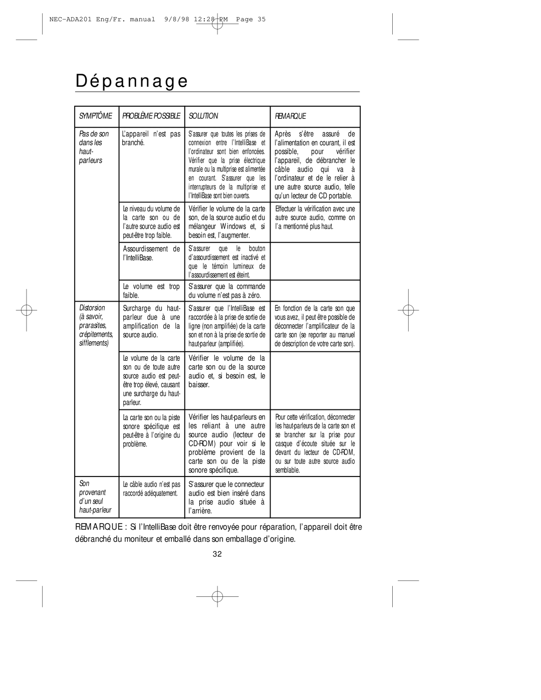 NEC IntelliBase, A3842, IB-AUDIO user manual Dépannage, Câble audio qui va à 