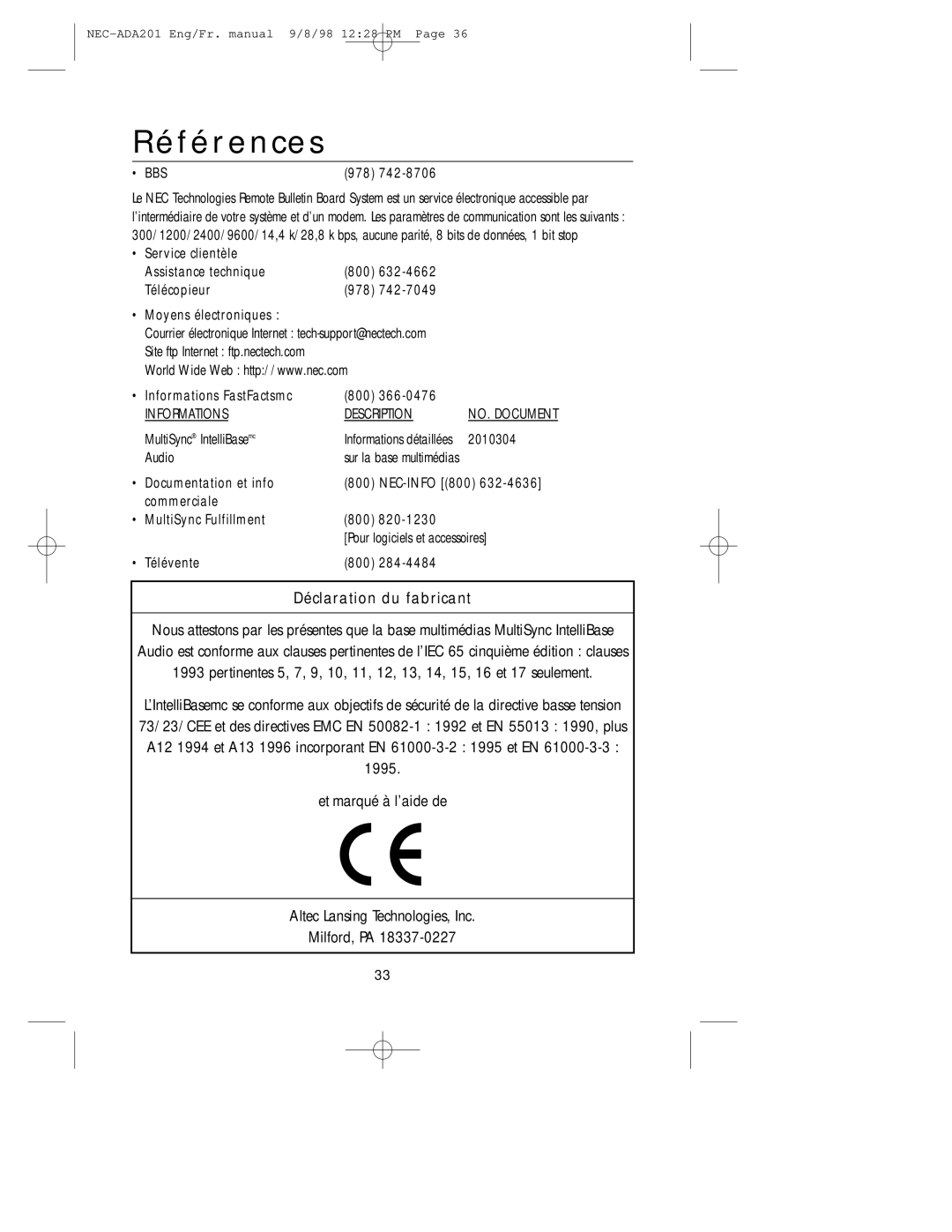 NEC A3842, IB-AUDIO, IntelliBase user manual Références, Déclaration du fabricant 