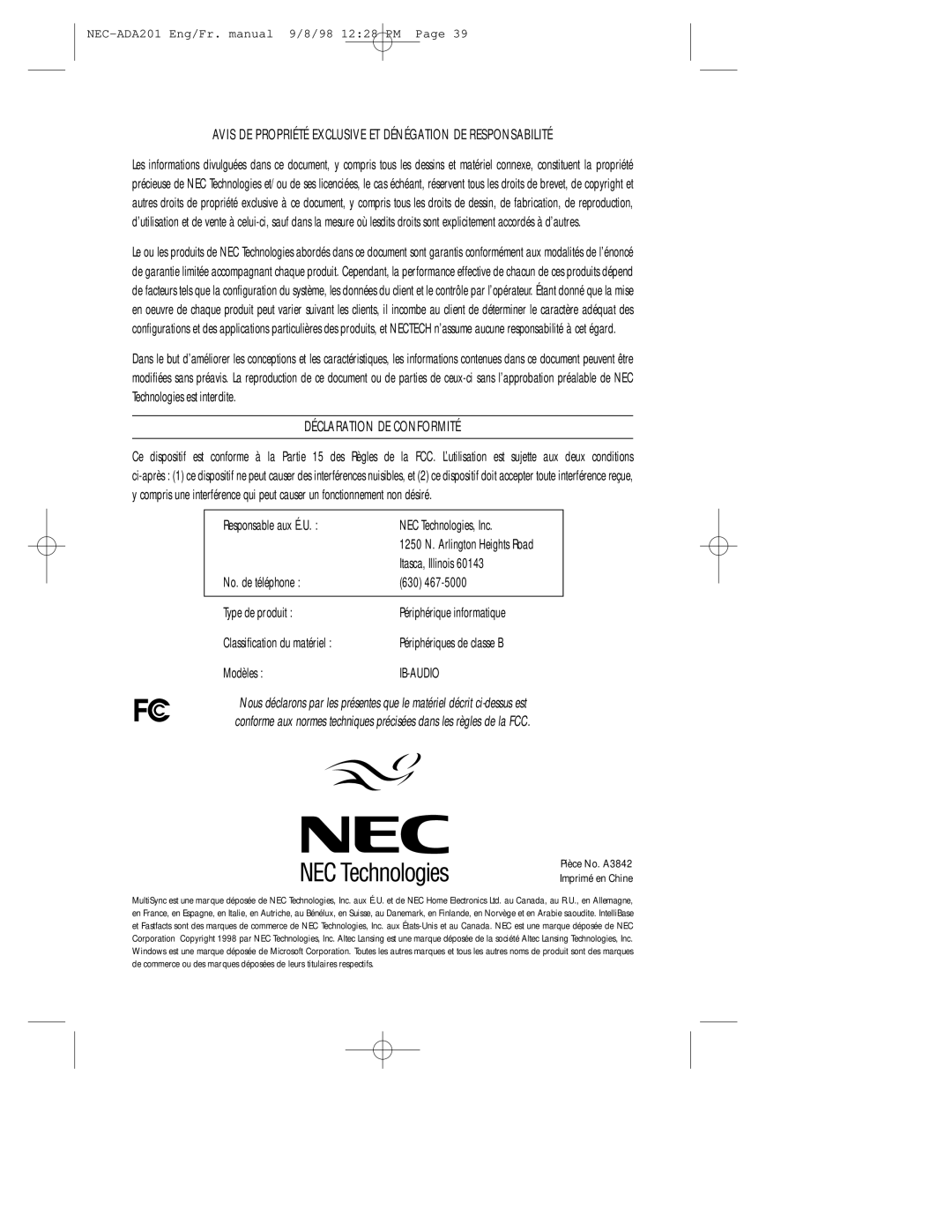 NEC A3842, IB-AUDIO, IntelliBase user manual Avis DE Propriété Exclusive ET Dénégation DE Responsabilité 