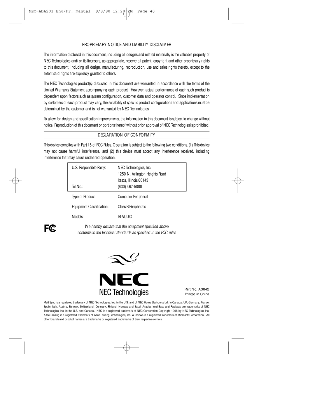 NEC IB-AUDIO, A3842, IntelliBase user manual Proprietary Notice and Liability Disclaimer 