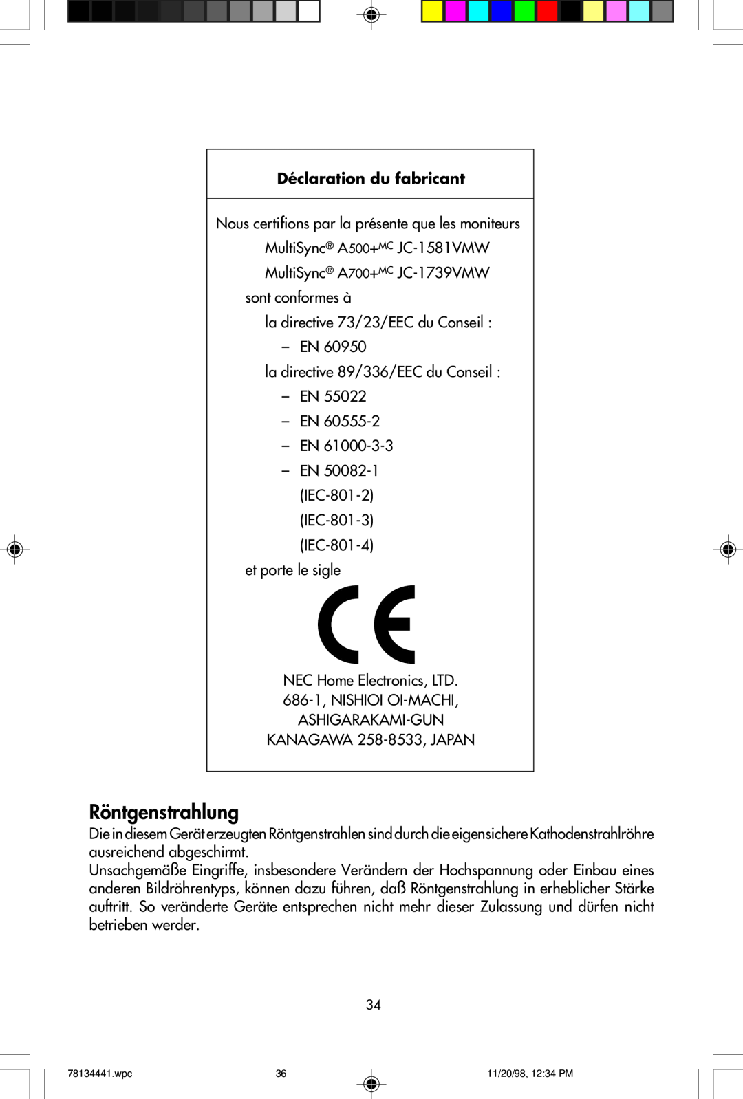 NEC A500+TM, A700+TM user manual Röntgenstrahlung, Déclaration du fabricant 